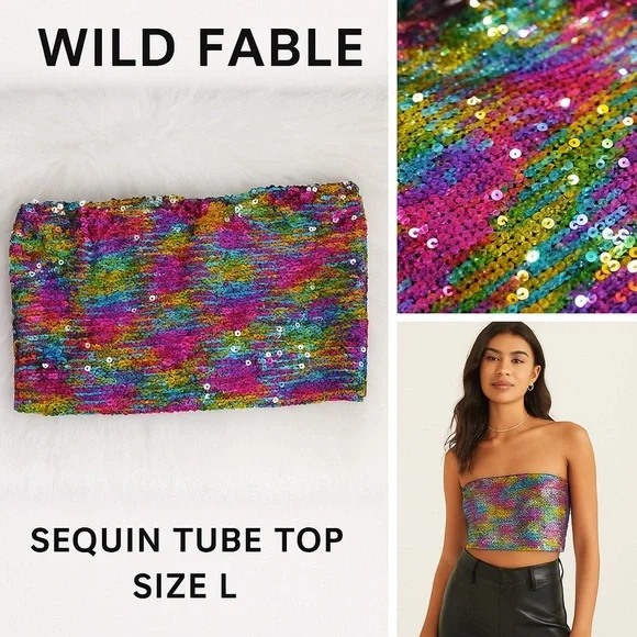 Wild Fable Multicolor Sequin Top Size L Festival Clubwear Sparkly Strapless Y2K - Picture 2 of 8